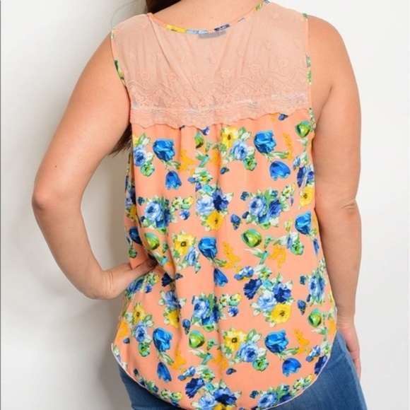 Plus Size Peach Lace Soft Blue Floral Tank Top - Picture 3 of 3